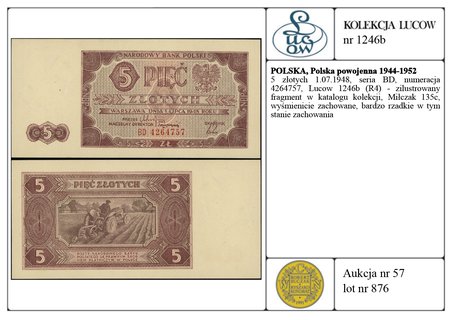 5 złotych 1.07.1948, seria BD, numeracja 4264757, Lucow 1246b (R4) - zilustrowany fragment w katalogu kolekcji, Miłczak 135c, wyśmienicie zachowane, bardzo rzadkie w tym stanie zachowania