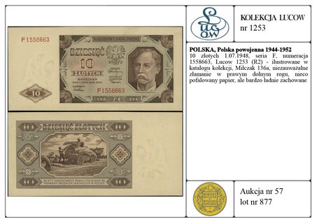 10 złotych 1.07.1948, seria F, numeracja 1558663, Lucow 1253 (R2) - ilustrowane w katalogu kolekcji, Miłczak 136a, niezauważalne złamanie w prawym dolnym rogu, nieco pofalowany papier, ale bardzo ładnie zachowane