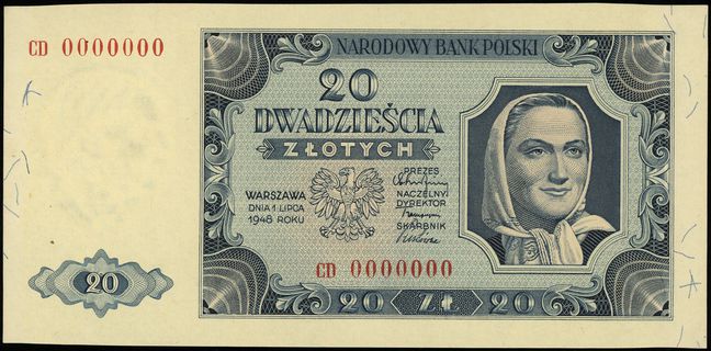 20 złotych 1.07.1948, seria CD, numeracja 000000