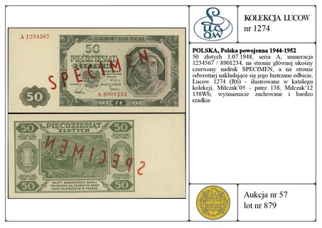 50 złotych 1.07.1948, seria A, numeracja 1234567