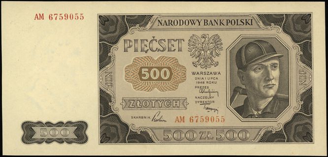 500 złotych 1.07.1948, seria AM, numeracja 6759055, Lucow 1308 (R2), Miłczak 140b, piękne i rzadkie