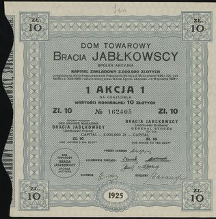 Dom Towarowy Bracia Jabłkowscy S.A., 1 akcja na 10 złotych, Warszawa 1925, numeracja 162405, z talonem i 10 kuponami, Niegrzyb. XIV-B-7, rzadsza wcześniejsza emisja