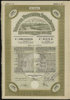 Widzewska Manufaktura S.A., 4% obligacja na okaziciela na 1.000 złotych w złocie, Łódź 5.02.1937, seria A.III, numeracja 001948, bez kuponów, Niegrzyb. XIII-B-18