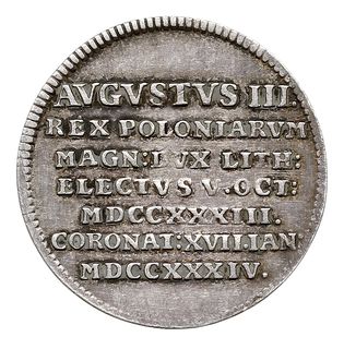 August III -żeton koronacyjny 1734 r., Aw: Korona i napis MERVIT ET TVEBITVR, Rw: Napis poziomy, srebro, 26 mm, 3.44 g, H-Cz. 2754, Racz. 374, patyna