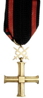 Krzyż Niepodległości z Mieczami, brąz złocony 41 x 46 mm, emalia, wstążka, KOPIA!!