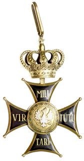 Order Virtuti Militari II klasa, wersja z okresu III Rzeczpospolitej po 1989 roku, z zawieszką, brąz złocony 57 x 57 mm, emalia