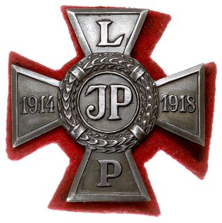 odznaka pamiątkowa Krzyż Legionowy” 1923, srebro 42 x 42 mm, na stronie odwrotnej imiennik WM (W. Miecznik), czerwona sukienna podkładka, z nakrętką W. MIECZNIK / GRAWER / WARSZAWA / Ś-To Krzyska 20, dołączona miniaturka, Stela 2.43, razem 2 sztuki