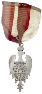 odznaka pamiątkowa internowanych żołnierzy polskiego korpusu posiłkowego na Węgrzech Rarańcza-Huszt” 1918, srebro 60 x 28, emalia, wstążka, Stela 5.21b, na stronie odwrotnej napisy, numer 263 i punce, bardzo rzadka i pięknie zachowana