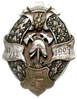 odznaka pamiątkowa Straży Ogniowej w Zakroczymiu 11/IX 1927, miedź srebrzona 42 x 32 mm