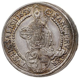Guidobald von Thun und Hohenstein 1654-1668, talar 1659, srebro 28.69 g, Dav. 3505, Probszt 1476, Zöttl 1797, wybite uszkodzonym stemplem, ale bardzo ładny