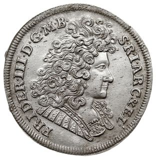 Fryderyk III 1688-1701, gulden 1689 LCS, Berlin, v. Schr. 53/51, wygięcie z walca, bardzo ładny, bez błędów walcowania (typowych dla tych monet) dość rzadki