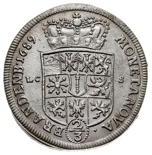 Fryderyk III 1688-1701, gulden 1689 LCS, Berlin, v. Schr. 53/51, wygięcie z walca, bardzo ładny, bez błędów walcowania (typowych dla tych monet) dość rzadki