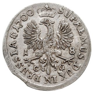 Fryderyk III 1688-1701, ort 1700 CG, Królewiec, v. Schr. 760, znana tylko 1 odmiana (3 stemple), bardzo rzadki rocznik, wybite nieco uszkodzonym stemplem