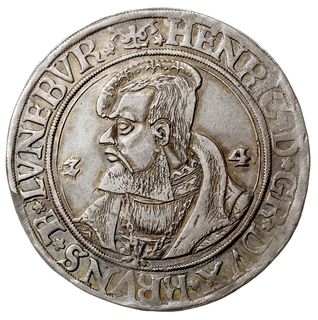 Henryk Młodszy 1514-1568, talar bez daty (1555), z nominałem Z4 przebitym z 44 (24 grosze), Riechenberg, srebro 28.75 g, Dav. 9049, Welter nachtrag 393, zacięty na rancie, ale bardzo rzadki, nienotowana odmiana z napisem na rewersie I GOT GE H I GS D H GEFV D M G