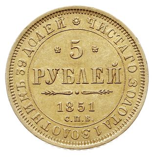 5 rubli 1851 СПБ АГ, Petersburg, złoto 6.54 g, Bitkin 34, Fr. 155, bardzo ładne