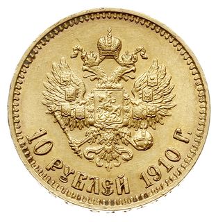 10 rubli 1910 ЭБ, Petersburg, złoto 8.59 g, Bitkin 15 (R), Kazakov 376, rzadki rocznik, bardzo ładnie zachowane