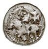 denar książęcy z lat 1070-1076, Aw: Głowa w lewo w obwódce, BOLEZLAVS, Rw: Książę na koniu w lewo,..