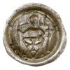 brakteat typu Rycerz”, ok. 1247-1257; Rycerz na wprost, trzymający krzyż, chorągiew i tarczę, sreb..