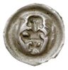 brakteat typu Rycerz”, ok. 1247-1257; Rycerz na wprost, trzymający chorągiew, krzyż i tarczę, sreb..