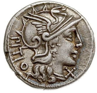 L. Sempronius Pitio 148 pne, denar 148 pne, Rzym, Aw: Głowa Romy w hełmie w prawo, za nią PITIO, przed nią X, Rw: Dioskurowie z włóczniami w prawo, niżej L.SEMP, w odcinku w ramce ROMA, srebro 3.51 g, Craw. 216/1, BMCRR 711