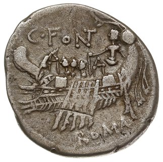 C. Fonteius 114-113 pne, denar 114-113 pne, Rzym, Aw: Dwuobliczowa głowa Janusa, po lewej znak menniczy H, po prawej gwiazda, Rw: Galera w lewo, u góry C.FONT, w odcinku ROMA, srebro 3.77 g, Craw. 290/1, BMCRR 597