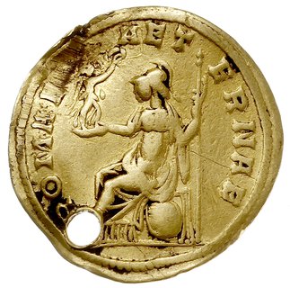 Tacyt 275-276, naśladownictwo aureusa, Aw: Popiersie cesarza w prawo, IMP C M CL TACITVS AVG, Rw: Roma siedząca w lewo, trzymająca Wiktorię na globie i berło, złoto 3.94 g, RIC 209-podobny, przedziurawiony w epoce, gięty