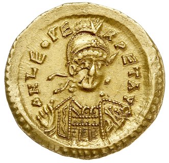 Leon I 457-473, solidus, Konstantynopol, Aw: Popiersie cesarza z włócznią i tarczą, D N LEO PERPET AVG, Rw: Wiktoria z długim krzyżem stojąca w lewo, VICTORIA AVGGGE, w odcinku CONOB, złoto 4.47 g, RIC 605, Depeyrot 93/1, DOC 524