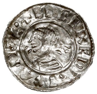Aethelred II 978-1016, denar typu small cross 1009-1017, mennica Lewes, mincerz Onlaf, Aw: Popiersie w lewo, EDELRED REX ANGL, Rw: Mały krzyż, ONLAF MON LEPE, srebro 1.00 g, N. 777, S. 1154, kilkanaście peks, gięty