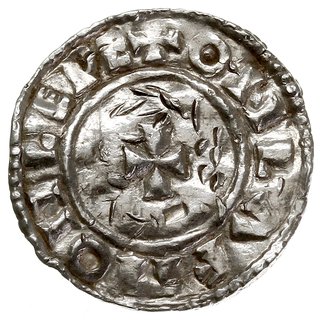 Aethelred II 978-1016, denar typu small cross 1009-1017, mennica Lewes, mincerz Onlaf, Aw: Popiersie w lewo, EDELRED REX ANGL, Rw: Mały krzyż, ONLAF MON LEPE, srebro 1.00 g, N. 777, S. 1154, kilkanaście peks, gięty