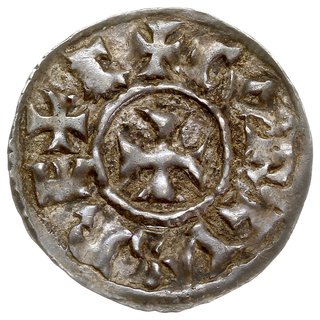 Anonimowy emitent w XI w., naśladownictwo denara karolingów z hrabstwa Poitou (Melle), Aw: Krzyż, wokoło CARLVS REX R, Rw: Monogram KRLS, wokoło METXVLLO, srebro 1.38 g, PdA 2380