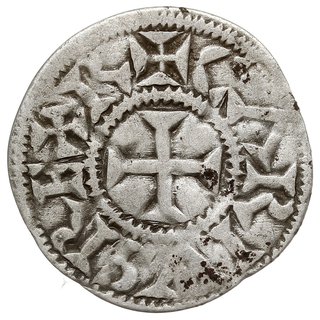 Anonimowy emitent w XI w., naśladownictwo denara karolingów z hrabstwa Poitou (Melle), Aw: Krzyż, wokoło CARLVS REX R, Rw: W dwu wierszach MET-ALO, srebro 0.93 g, PdA 2458