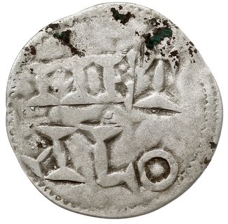 Anonimowy emitent w XI w., naśladownictwo denara karolingów z hrabstwa Poitou (Melle), Aw: Krzyż, wokoło CARLVS REX R, Rw: W dwu wierszach MET-ALO, srebro 0.93 g, PdA 2458