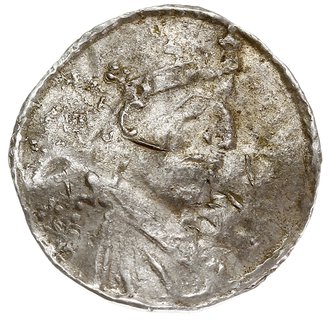 Konrad II 1025-1027, denar 1025-1027, Ratyzbona, Aw: Popiersie w prawo, Rw: Krzyż z ozdobnikami w kątach, C+NCII:C:CIIV, srebro 1.58 g, Hahn 33.4, gięty