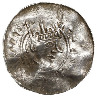 Henryk II 1002-1024, denar, Esslingen, Aw: Popiersie w prawo, [HEINRIC]VS, Rw: Dłoń opatrzności, SV[I]TAS, srebro 1.23 g, Dbg 951, Kluge 84, gięty