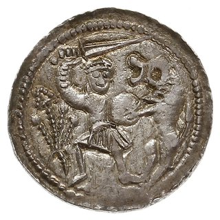 denar, Aw: Książę siedzący na tronie na wprost, obok giermek, Rw: Rycerz walczący ze lwem, srebro 0.70 g, Gum.H. 82, Kop. 49 (R2), Str. 40, Such. XVI, bardzo ładny
