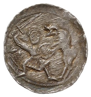 denar, Aw: Książę siedzący na tronie na wprost, obok giermek, Rw: Rycerz walczący ze lwem, srebro 0.63 g, Gum.H. 82, Kop. 49 (R2), Str. 40, Such. XVI, bardzo ładny