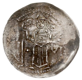 denar 1173-1185/90, Aw: Biskup stojący na wprost z krzyżem i biblią, po prawej VZ, Rw: Rycerz walczący ze lwem, srebro 0.34 g, Kop. 6424, Str. 46, Such. 2, bardzo ładny