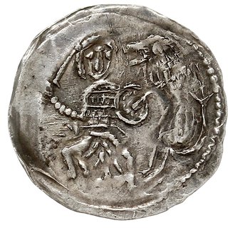 denar 1173-1185/90, Aw: Biskup stojący na wprost z krzyżem i biblią, po prawej VZ, Rw: Rycerz walczący ze lwem, srebro 0.33 g, Kop. 6424, Str. 46, Such. 2, bardzo ładny