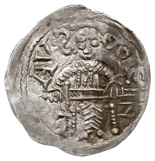 denar 1146-1157, Aw: Książę z mieczem trzymanym poziomo siedzący na tronie na wprost, BOLEZLAVS, Rw: Głowa w prostokątnej ramce, S ADALBERTVS, srebro 0.51 g, Gum.H. 88, Str. 51, Such. XIX/1, Kop. 54 (R3), rzadsza odmiana, bardzo ładny
