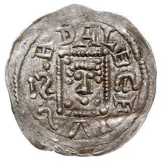 denar 1146-1157, Aw: Książę z mieczem trzymanym poziomo siedzący na tronie na wprost, BOLEZLAVS, Rw: Głowa w prostokątnej ramce, S ADALBERTVS, srebro 0.51 g, Gum.H. 88, Str. 51, Such. XIX/1, Kop. 54 (R3), rzadsza odmiana, bardzo ładny