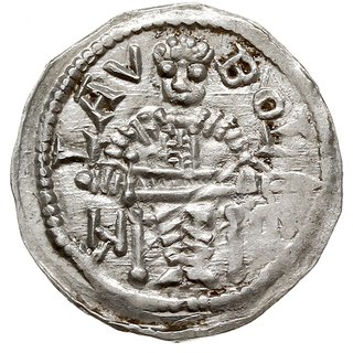 denar 1146-1157, Aw: Książę z mieczem trzymanym poziomo siedzący na tronie na wprost, BOLEZLAVS, Rw: Głowa w prostokątnej ramce, S ADALBERTVS, srebro 0.50 g, Gum.H. 88, Str. 51, Such. XIX/1, Kop. 54 (R3), rzadsza odmiana, bardzo ładny