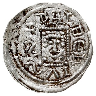 denar 1146-1157, Aw: Książę z mieczem trzymanym poziomo siedzący na tronie na wprost, BOLEZLAVS, Rw: Głowa w prostokątnej ramce, S ADALBERTVS, srebro 0.50 g, Gum.H. 88, Str. 51, Such. XIX/1, Kop. 54 (R3), rzadsza odmiana, bardzo ładny