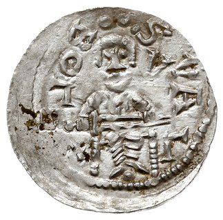 denar 1146-1157, Aw: Książę z mieczem trzymanym poziomo siedzący na tronie na wprost, wstecznie BOLEZLAVS, Rw: Głowa w prostokątnej ramce, S ADLBERTVS, srebro 0.54 g, Gum.H. 88, Str. 51, Such. XIX/1, Kop. 55 (R2), bardzo ładny