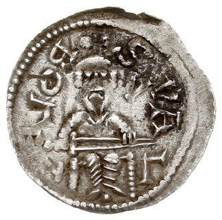 denar 1146-1157, Aw: Książę z mieczem trzymanym poziomo siedzący na tronie na wprost, wstecznie BOLEZLAVS, Rw: Głowa w prostokątnej ramce, S ADLBERTVS, srebro 0.53 g, Gum.H. 88, Str. 51, Such. XIX/1, Kop. 55 (R2)