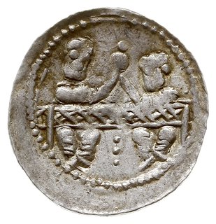 denar, Aw: Dwaj książęta za stołem, Rw: Rycerz z proporcem i tarczą, srebro 0.56 g, Gum.H. 93, Kop. 56 (R1), Str. 59, Such. XIX/2, bardzo ładny