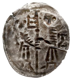denar jednostronny, Dwie postacie z chorągwią, z lewej litera M, srebro 0.18 g, Str. 174, Such. 3, bardzo ładny