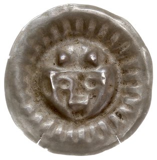 Gryfia, brakteat XIII-XIV w, Głowa w koronie na wprost, promieniste linie poza wałem otokowym, srebro 0.39 g, Dbg-P. 120, Kop. 4766, bardzo ładnie zachowany