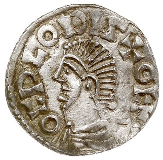 naśladownictwo denara typu long cross” Aethelreda II, ok. 995-1005, Aw: Popiersie w lewo, OCPLODIГ+OŁFF, Rw: Długi krzyż, +O ŁИI OCI LD, 2.37 g, Malmer Sigtuna 258 / 645, gięty, ładny, w pełni czytelny egzemplarz