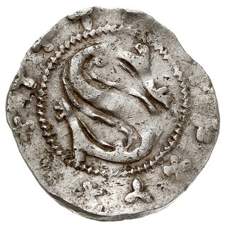 Ks. Fürstenberskie, anonimowy władca, kwartnik 1. ćwierć XIV w., Świdnica, Aw: Gotycka litera S, w otoku trójliście i czwórliście, Rw: Uskrzydlona strzała, wokoło fragment legendy ...LYAMBE, srebro 1.62 g, Fbg. 336, Gum.H. 328, Kop. 5777 (R6), moneta przypisywana niegdyś książętom jaworsko-świdnickim