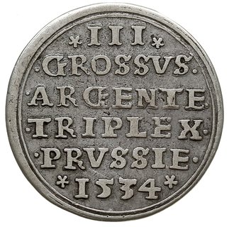 trojak 1534, Toruń, duża głowa króla w czepcu, ozdobna kryza, Iger T.34.2.a (R4), T. 18, rzadki
